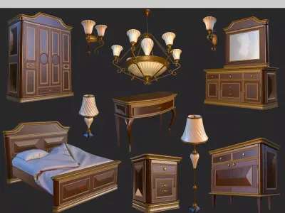 Vintage Furniture Bedroom Pack PBR Game Ready Low-poly 3D model