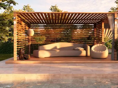 Modern pool lounge with firepit 3d model Low-poly 3D model