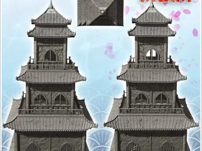 Oriental pagoda with multiple curved roofs and double terraces 4 3D print model