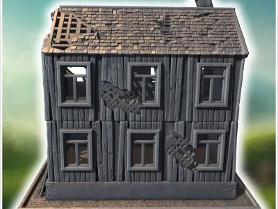 Damaged two-story wooden building with collapsed balcony broken  3D print model