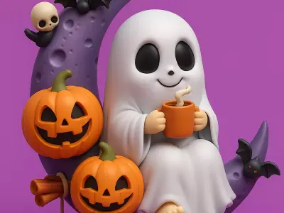 Ghost Drinking Hot Chocolate on Spooky Moon 3D print model