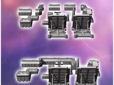 Set of futuristic Sci-Fi fortifications with barricades missiles 3D print model