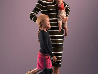 Pre-posed mother with her kids 3D model