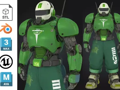 Urban Combat Robot Green Street Warrior Low-poly 3D model