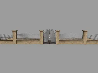 wall set stone with wrought iron railings Low-poly 3D model