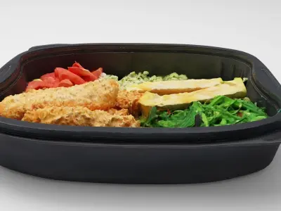 Poke bowl lunch box with salmon rice tomatoes seaweed algae 3D model