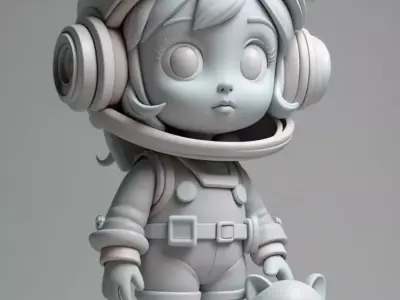 Cute Astronaut Girl Chibi Space Explorer Pet Cat Adorable Suit Low-poly 3D model