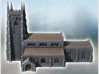 Christian church with square front Gothic tower and side annexes 3D print model