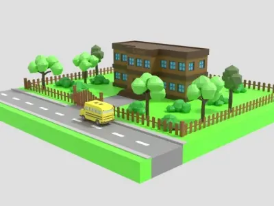 Low Poly Cartoon School Scene Low-poly 3D model