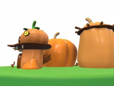 Cartoon pumpkin house and props 3D model
