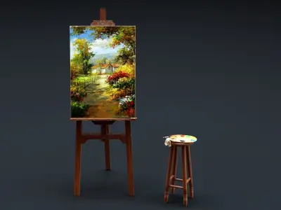 Carved Wood Easel and Painting Set 3D model