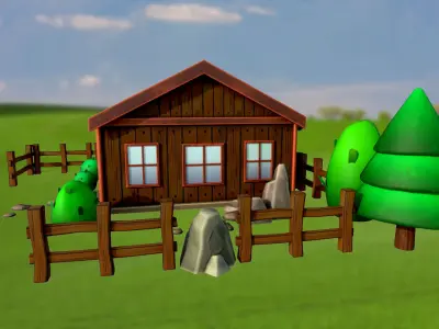 Set of stylized houses bushes trees stones fence PBR Low-poly 3D model