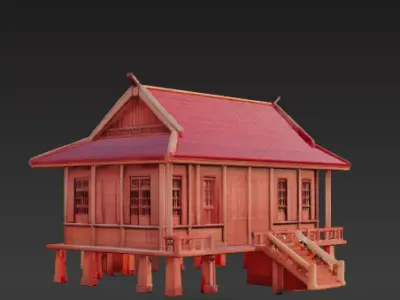 wooden elementary school Low-poly 3D model
