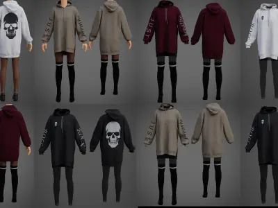 Goth Oversized Sweatshirts Fishnet Leggings Socks Outfit Set 3D Model Pack