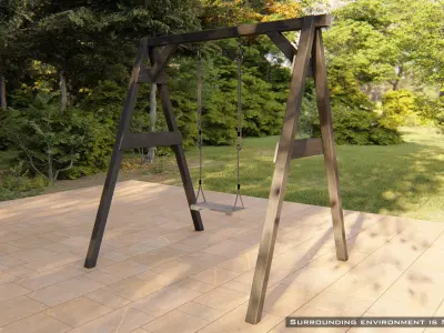 Classic wooden swing set with ropes 3D model