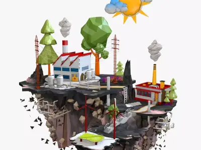 Floating Factory Island Low Poly 3D model
