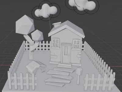 House with trees and fence Low-poly 3D model