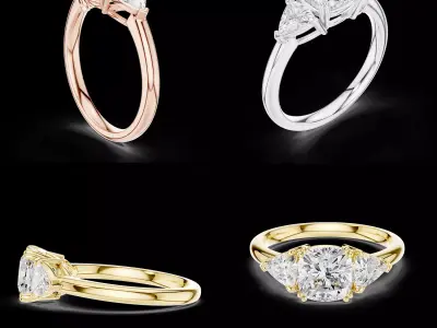 Three Stone Cushion Diamond Engagement Ring CAD STL 3D print model