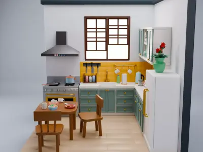 Stylized Cozy Kitchen Room  Isometric Interior Low-poly 3D model