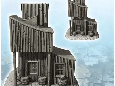 Wooden building with multiple curved roofs and exterior accessor 3D print model