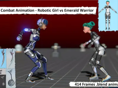 Robotic Girl vs Emerald Warrior Animation Low-poly 3D model