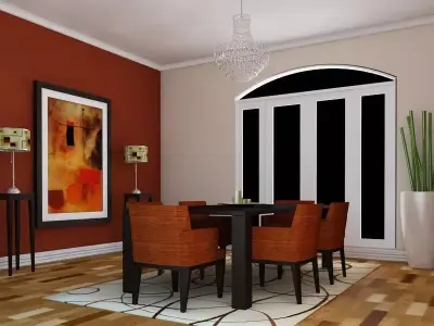 3D model Dinning set 7 dining room with orange walls and wood... 3D model