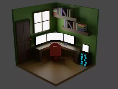 low poly room computer with two monitors and chair Low-poly 3D model