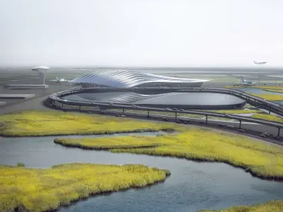 Futuristic International Airport Terminal with Wetland Landscape 3D model