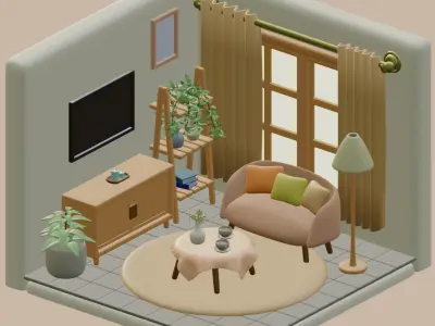Interior-building cute living room isometric  Free 3D model