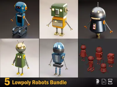 5 low poly Robot Bundle Low-poly 3D model