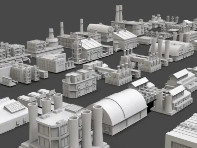Low Poly Industrial Building Pack Of 70 -Game Ready -Untextured Low-poly 3D model