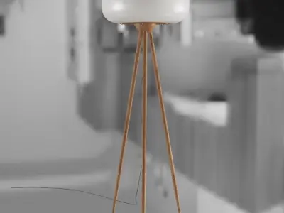 Floor lamp with three wooden uprights and a white acrylic shade 3D model