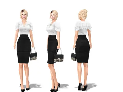 Elegant White Poncho Top Black Pencil Skirt Handbag Outfit Low-poly 3D model