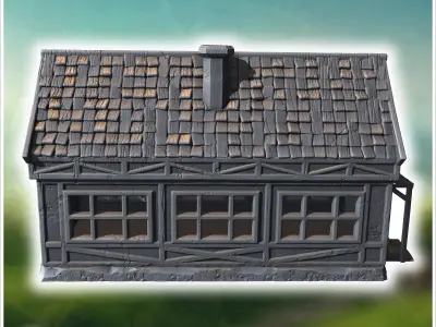 Long half-timbered building with dormer windows steep roof and i 3D print model