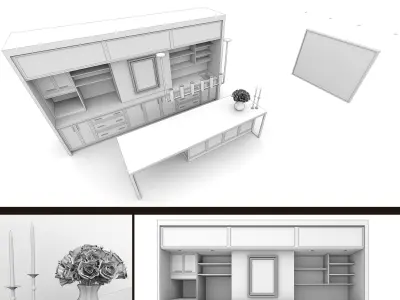 Kitchen Set modern with wooden cabinets and marble counter tops 3D model