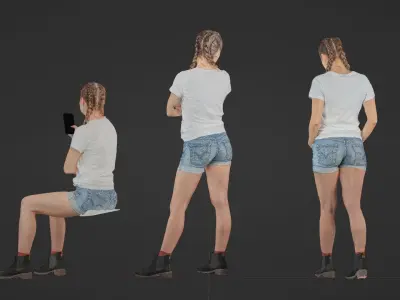 Set of young stylish woman sit walk and stand - posed 3d scan 3D model