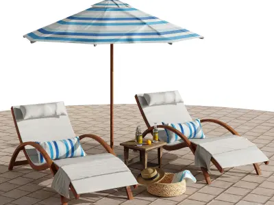 Beach umbrella and chaise longue set 4 3D model