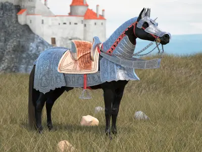  Black Horse in Used Medieval Armor Fur Rigged 