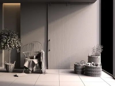 Stillness room with wooden door and chair 3D model