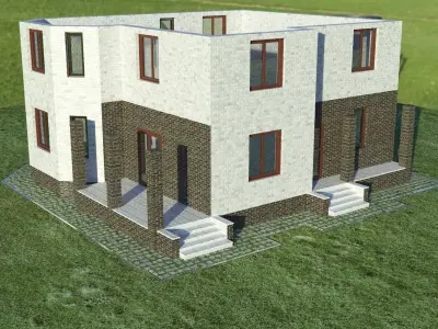 cottage two story house on grassy field 3D model