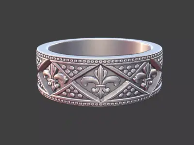 Fleur de Lis Band Ring with Geometric Triangles Silver Jewelry 3D print model