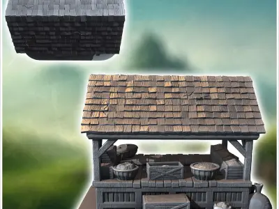 Wooden market stall with barrels crates and a slanted roof displ 3D print model