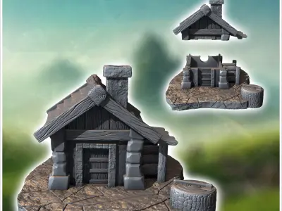 Medieval woodcutters hut with log and axe 8 - Medieval Gothic Fe 3D print model