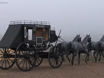  Four Black Horses Harness with Stagecoach 