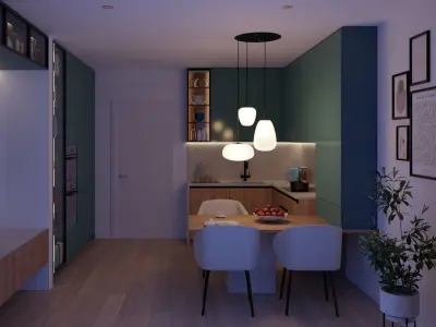 U-Shape modern mini kitchen in blue and walnut 3D model 3D model