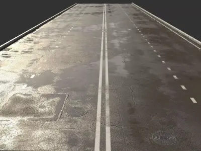 Asphalt with puddles Low-poly 3D model