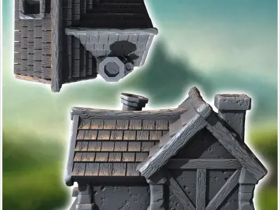 Medieval building with outdoor fireplace two-part roof and woode 3D print model