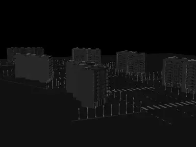 Bloque de edificios con acera y farolas 3D model