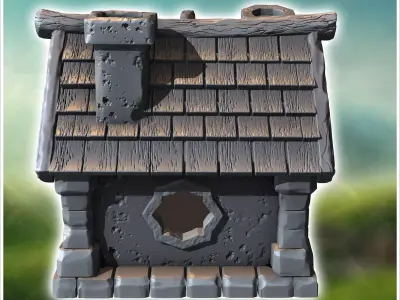Medieval building with outdoor fireplace two-part roof and woode 3D print model