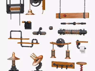 Steampunk Loft Decor 15 Pieces Set M1 3D model